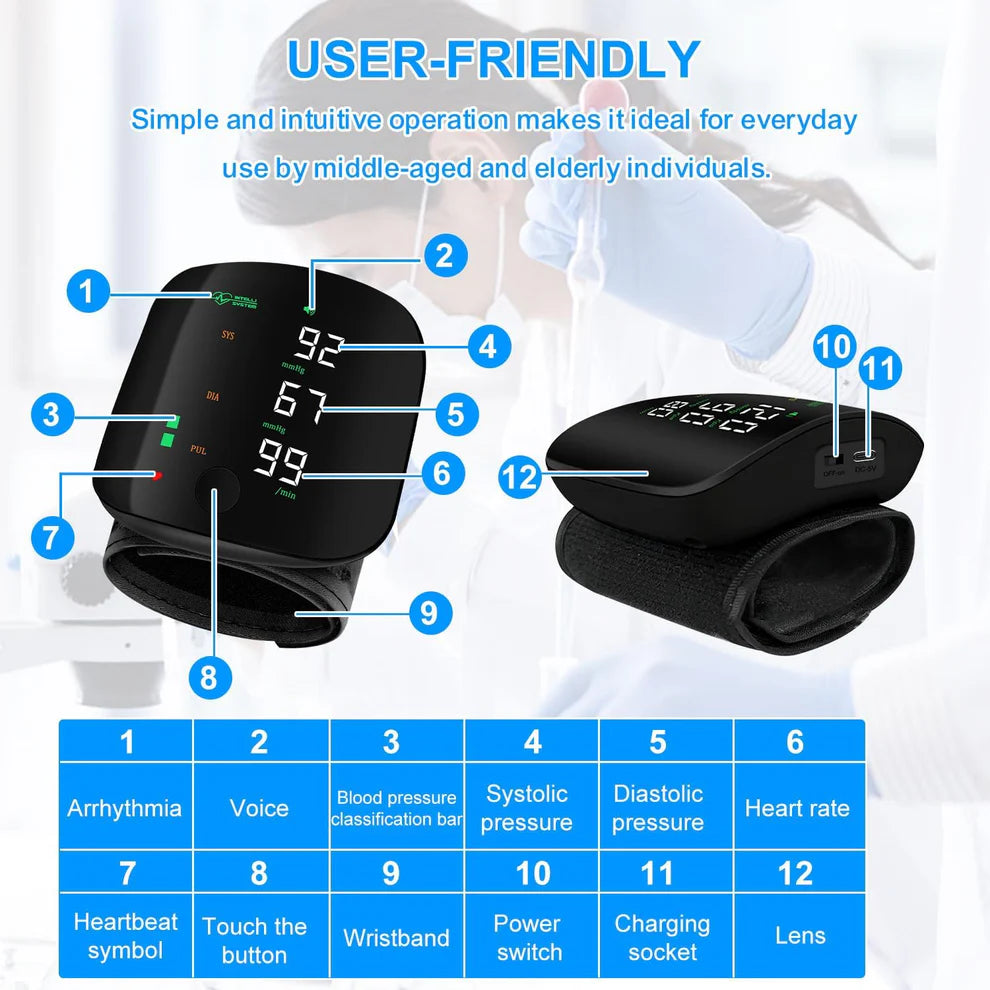 Wrist Blood Pressure Monitor, LED Display, Health Tracking
